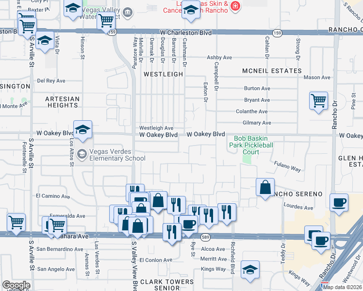map of restaurants, bars, coffee shops, grocery stores, and more near 701 Barnard Drive in Las Vegas