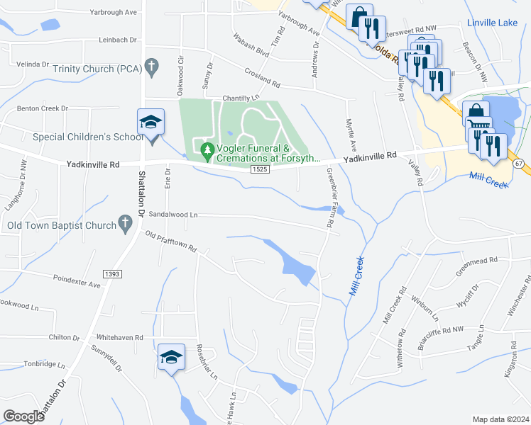 map of restaurants, bars, coffee shops, grocery stores, and more near 3793 Sandalwood Lane in Winston-Salem