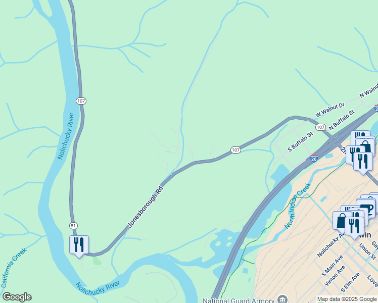 map of restaurants, bars, coffee shops, grocery stores, and more near 501 Huskins Cir in Erwin
