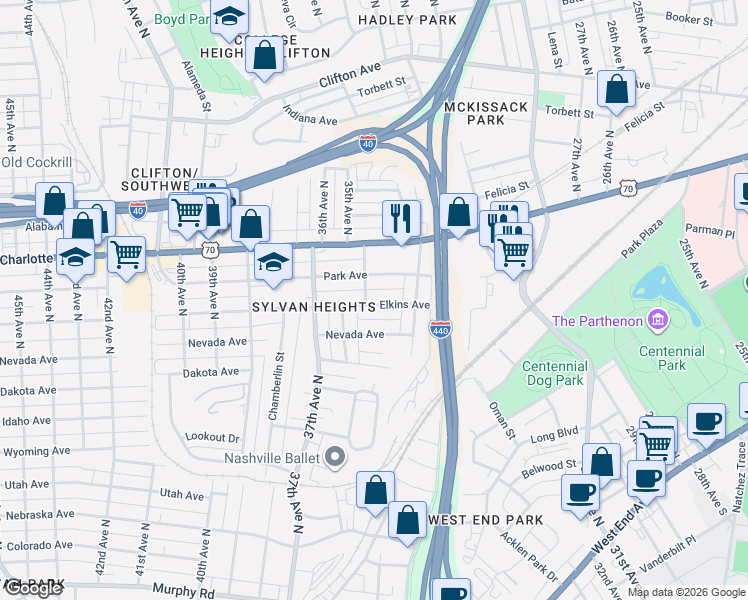 map of restaurants, bars, coffee shops, grocery stores, and more near 3501 35th Avenue North in Nashville