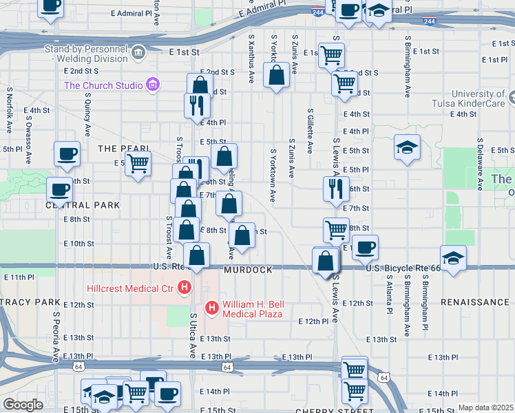 map of restaurants, bars, coffee shops, grocery stores, and more near 616 South Yorktown Avenue in Tulsa