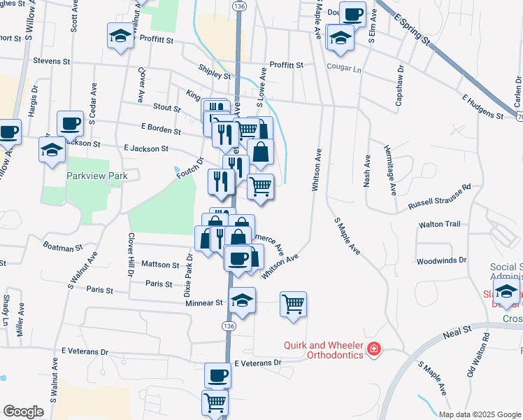 map of restaurants, bars, coffee shops, grocery stores, and more near 560 South Jefferson Avenue in Cookeville