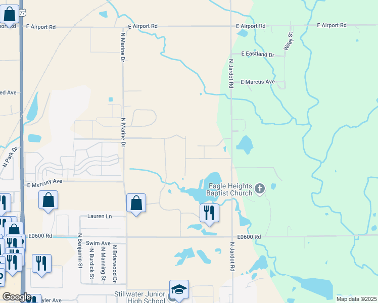 map of restaurants, bars, coffee shops, grocery stores, and more near 2813 North Running Bear Street in Stillwater