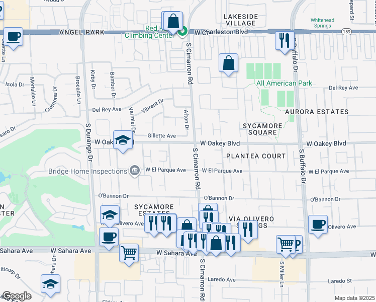 map of restaurants, bars, coffee shops, grocery stores, and more near 1801 South Cimarron Road in Las Vegas