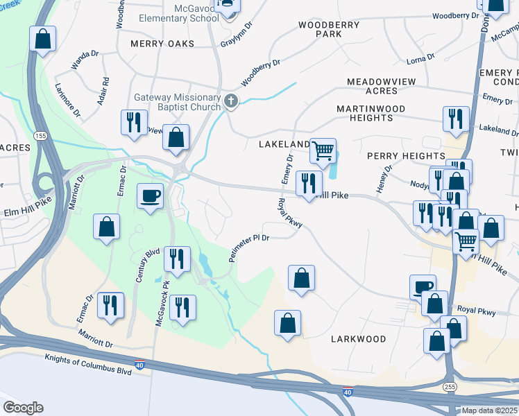 map of restaurants, bars, coffee shops, grocery stores, and more near 2521 Elm Hill Pike in Nashville