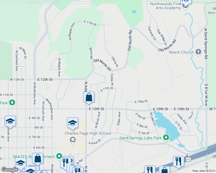 map of restaurants, bars, coffee shops, grocery stores, and more near 721 East 11th Street in Sand Springs