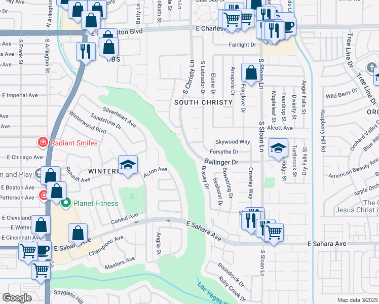 map of restaurants, bars, coffee shops, grocery stores, and more near 5539 Ballinger Drive in Las Vegas