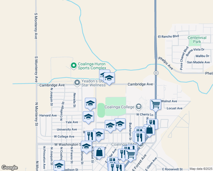 map of restaurants, bars, coffee shops, grocery stores, and more near 275 Cambridge Avenue in Coalinga