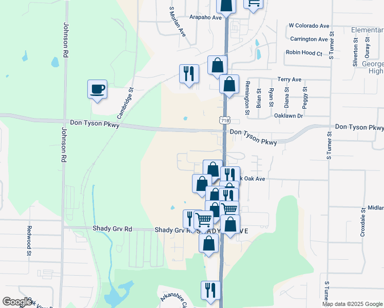 map of restaurants, bars, coffee shops, grocery stores, and more near 1495 Midway Avenue in Springdale
