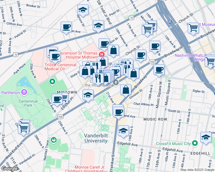 map of restaurants, bars, coffee shops, grocery stores, and more near 2006 West End Avenue in Nashville