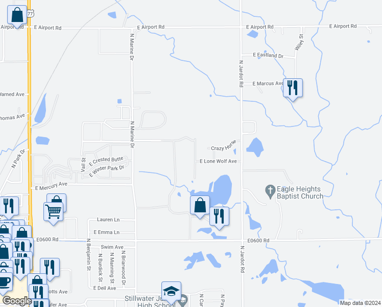 map of restaurants, bars, coffee shops, grocery stores, and more near 2820 North Running Bear Street in Stillwater