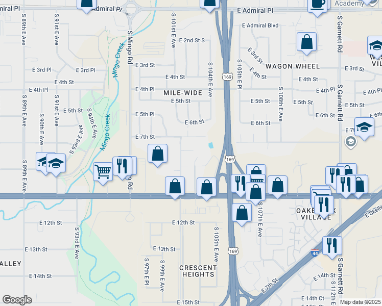 map of restaurants, bars, coffee shops, grocery stores, and more near 717 South 101st East Avenue in Tulsa