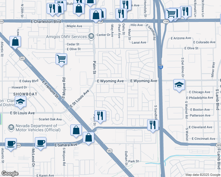 map of restaurants, bars, coffee shops, grocery stores, and more near 2038 Palm Street in Las Vegas