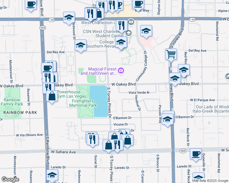 map of restaurants, bars, coffee shops, grocery stores, and more near 6345 West Oakey Boulevard in Las Vegas
