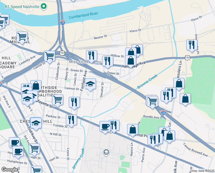 map of restaurants, bars, coffee shops, grocery stores, and more near 154 Fain Street in Nashville