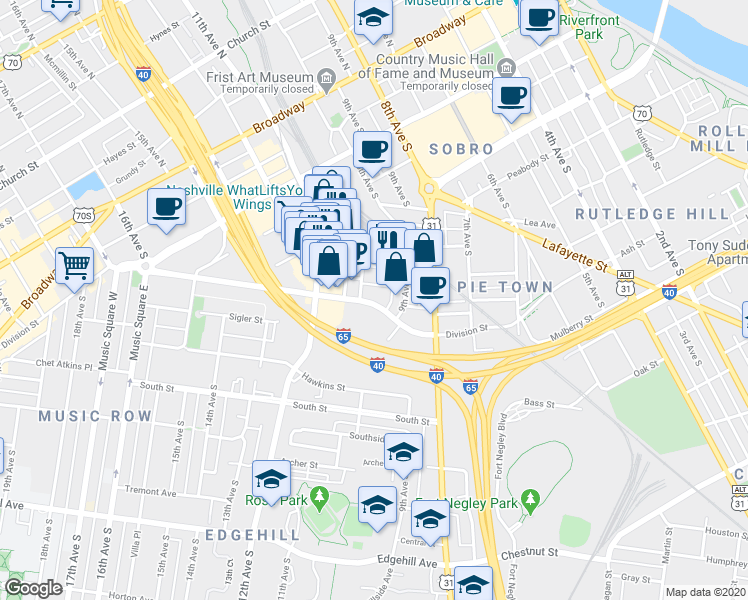 map of restaurants, bars, coffee shops, grocery stores, and more near 609 Overton Street in Nashville