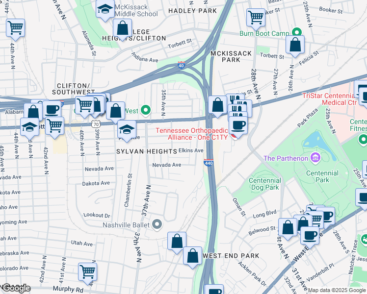 map of restaurants, bars, coffee shops, grocery stores, and more near 3313 Park Avenue in Nashville