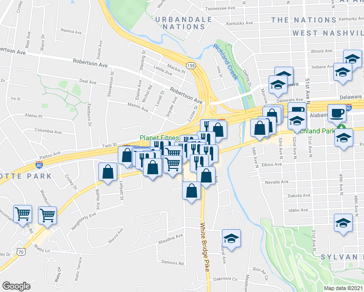 map of restaurants, bars, coffee shops, grocery stores, and more near 23 Twin Street in Nashville
