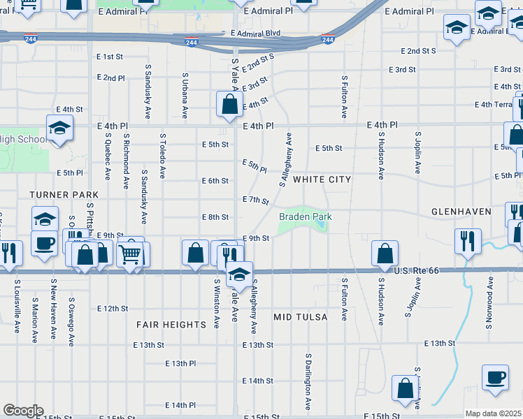 map of restaurants, bars, coffee shops, grocery stores, and more near 4941 East 7th Street in Tulsa