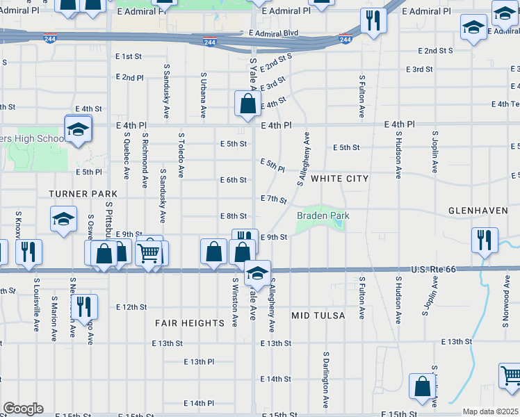 map of restaurants, bars, coffee shops, grocery stores, and more near 4905 East 7th Street in Tulsa