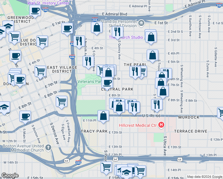 map of restaurants, bars, coffee shops, grocery stores, and more near 613 South Quaker Avenue in Tulsa