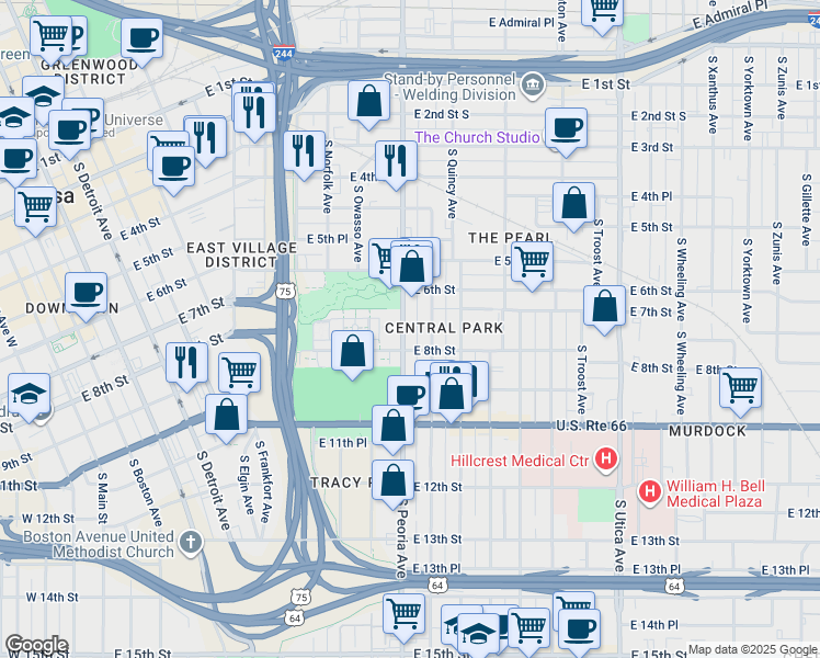map of restaurants, bars, coffee shops, grocery stores, and more near in Tulsa