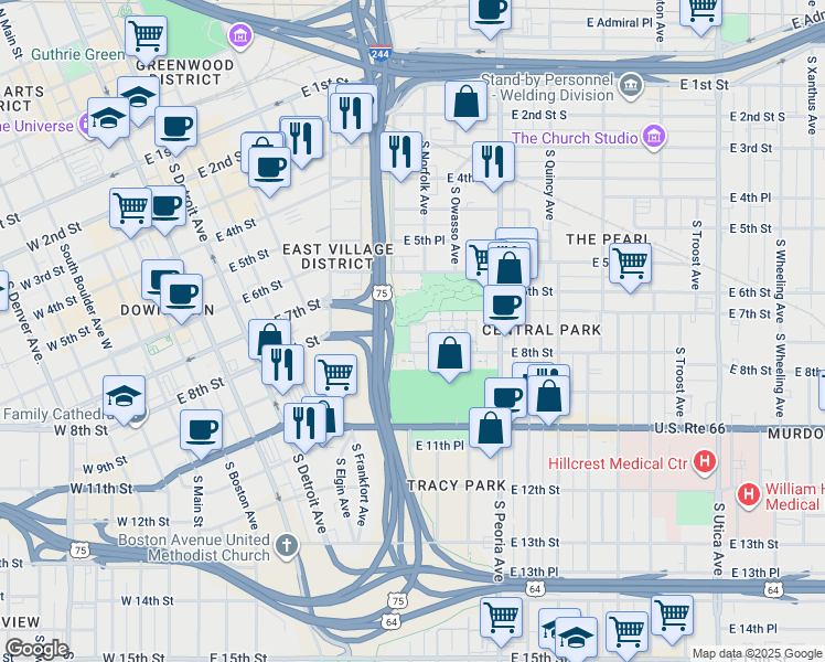 map of restaurants, bars, coffee shops, grocery stores, and more near 1021 East 7th Street in Tulsa