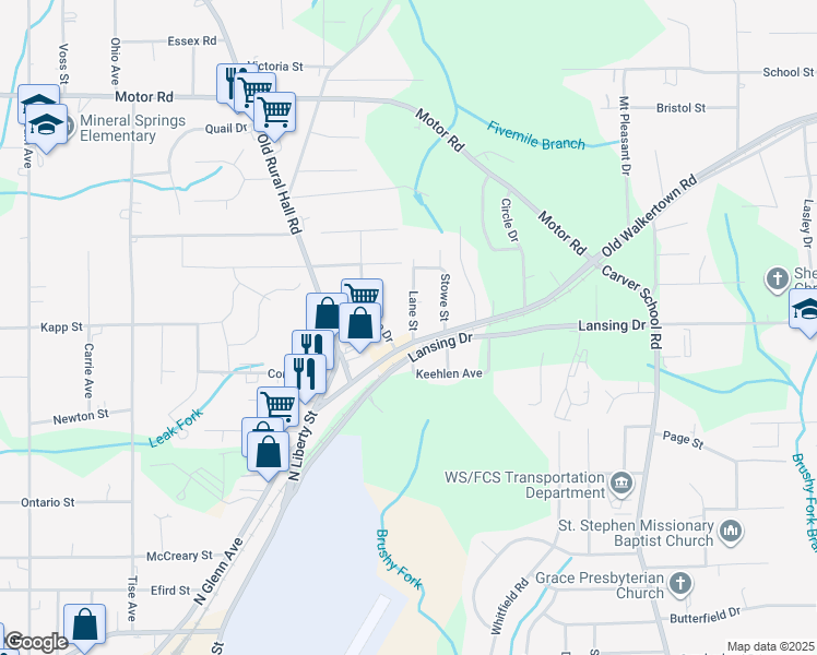 map of restaurants, bars, coffee shops, grocery stores, and more near 4424 Lane Street in Winston-Salem