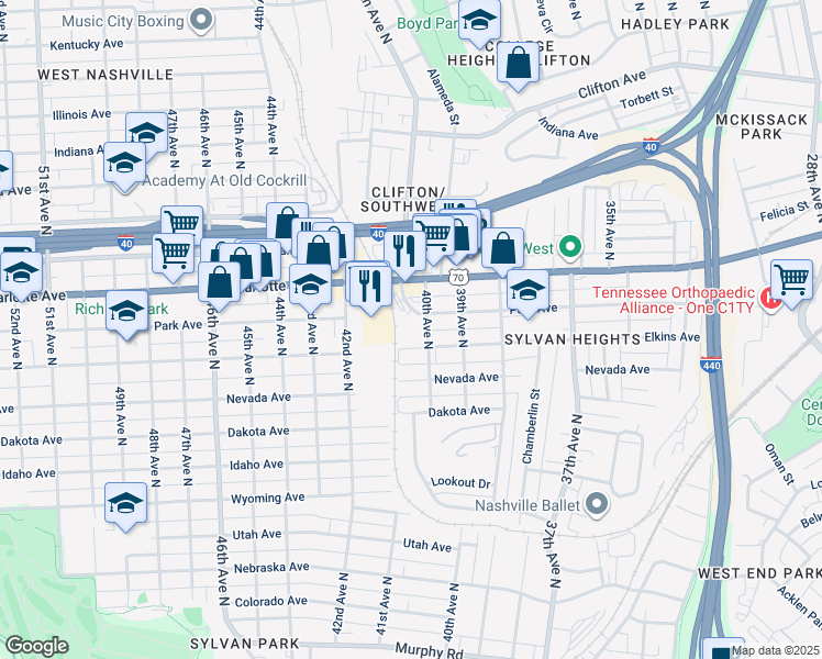 map of restaurants, bars, coffee shops, grocery stores, and more near 610 Sylvan Heights Way in Nashville