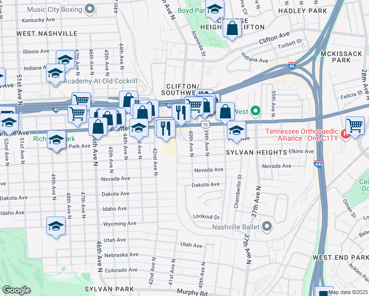 map of restaurants, bars, coffee shops, grocery stores, and more near 610 Sylvan Heights Way in Nashville