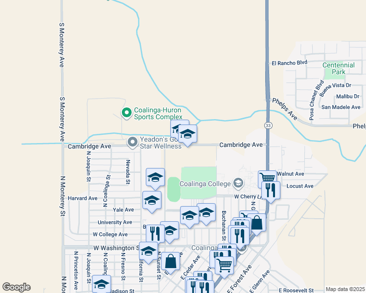 map of restaurants, bars, coffee shops, grocery stores, and more near 275 Cambridge Avenue in Coalinga