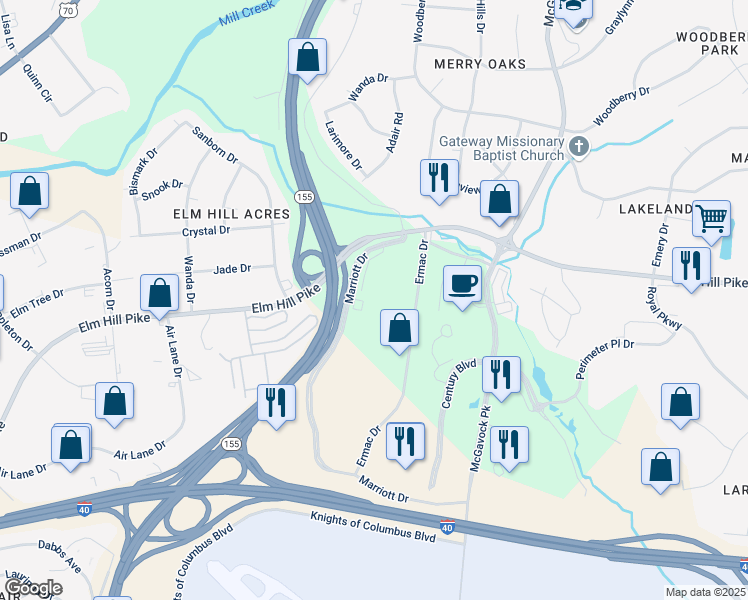 map of restaurants, bars, coffee shops, grocery stores, and more near 535 Marriott Drive in Nashville