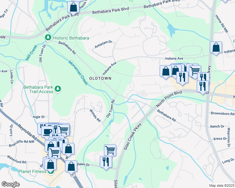 map of restaurants, bars, coffee shops, grocery stores, and more near 2053 Bethabara Road in Winston-Salem