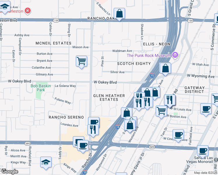 map of restaurants, bars, coffee shops, grocery stores, and more near 2112 Bonnie Brae Avenue in Las Vegas