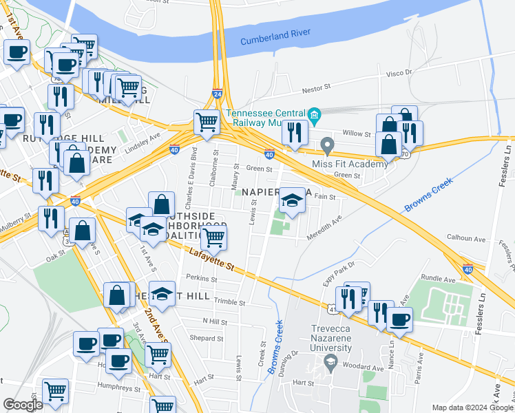 map of restaurants, bars, coffee shops, grocery stores, and more near 87 Lewis Street in Nashville