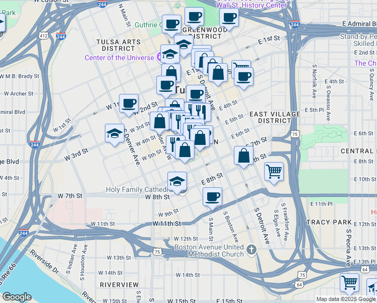 map of restaurants, bars, coffee shops, grocery stores, and more near 6 East 5th Street in Tulsa