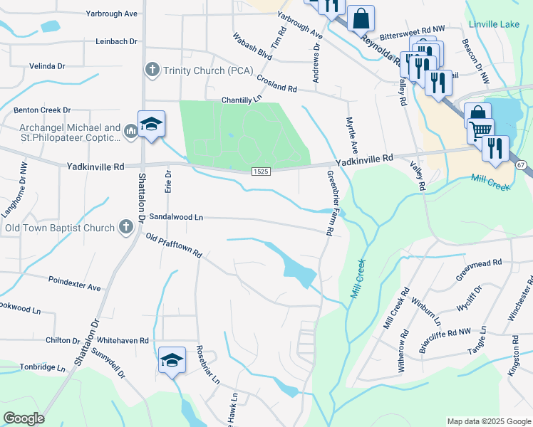 map of restaurants, bars, coffee shops, grocery stores, and more near 3793 Sandalwood Lane in Winston-Salem