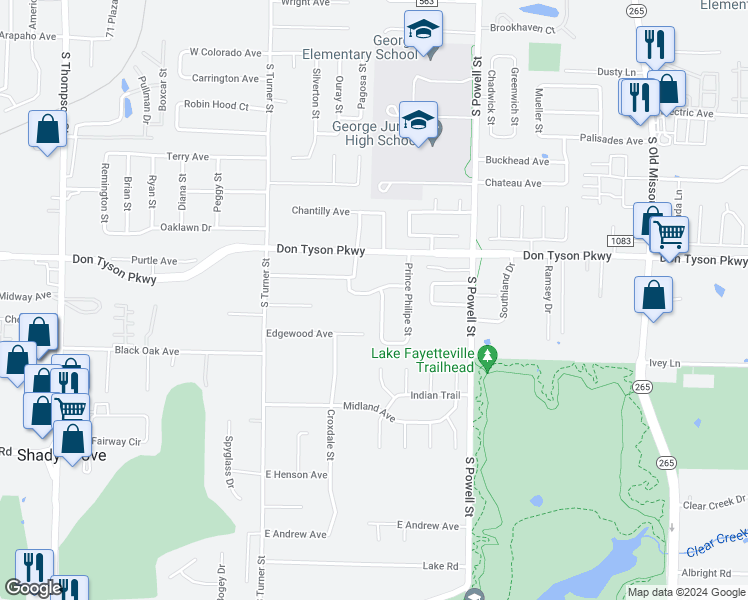 map of restaurants, bars, coffee shops, grocery stores, and more near 3776 Le Mason Street in Springdale