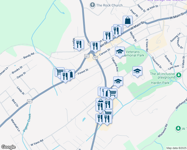 map of restaurants, bars, coffee shops, grocery stores, and more near 1198 Light Street in Greeneville