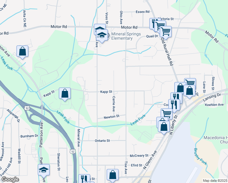 map of restaurants, bars, coffee shops, grocery stores, and more near Carrie Avenue in Winston-Salem