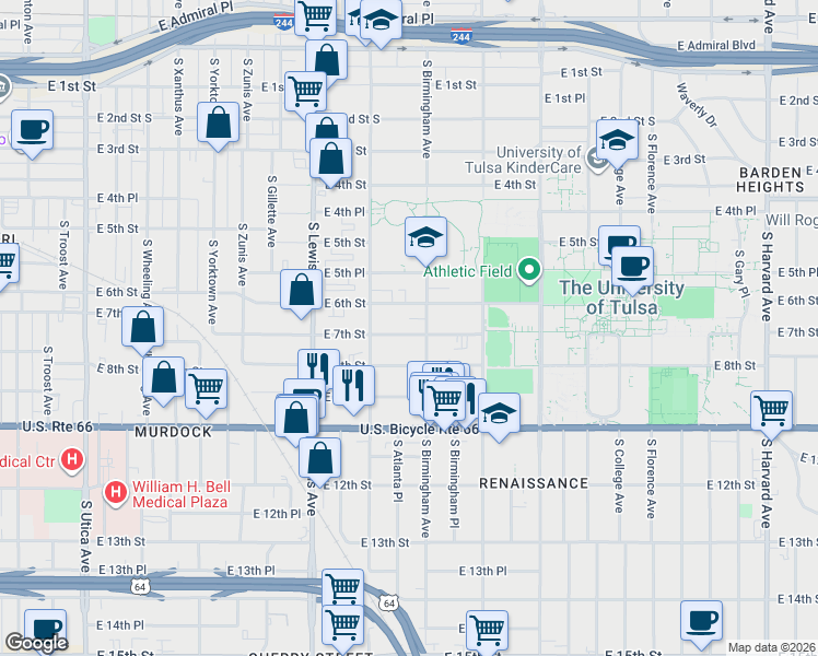 map of restaurants, bars, coffee shops, grocery stores, and more near 2533 East 7th Street in Tulsa