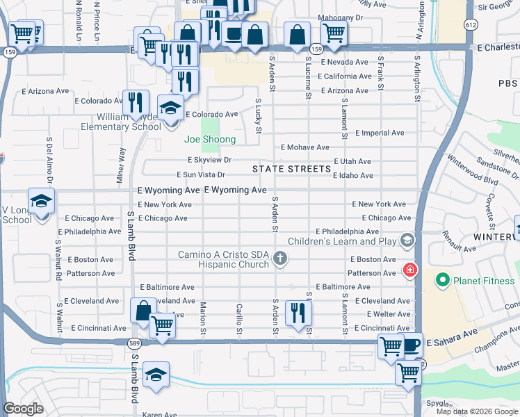 map of restaurants, bars, coffee shops, grocery stores, and more near 4551 East Wyoming Avenue in Las Vegas