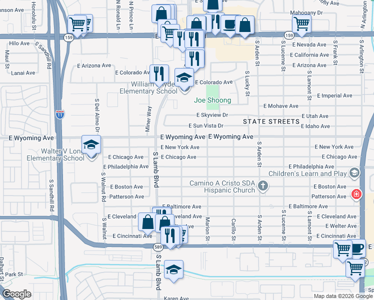 map of restaurants, bars, coffee shops, grocery stores, and more near 4340 East New York Avenue in Las Vegas