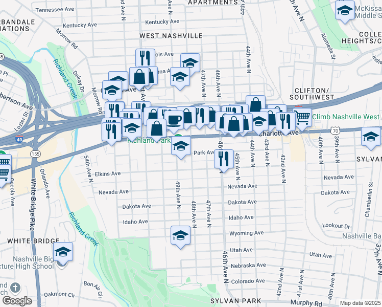 map of restaurants, bars, coffee shops, grocery stores, and more near 4805 Park Avenue in Nashville