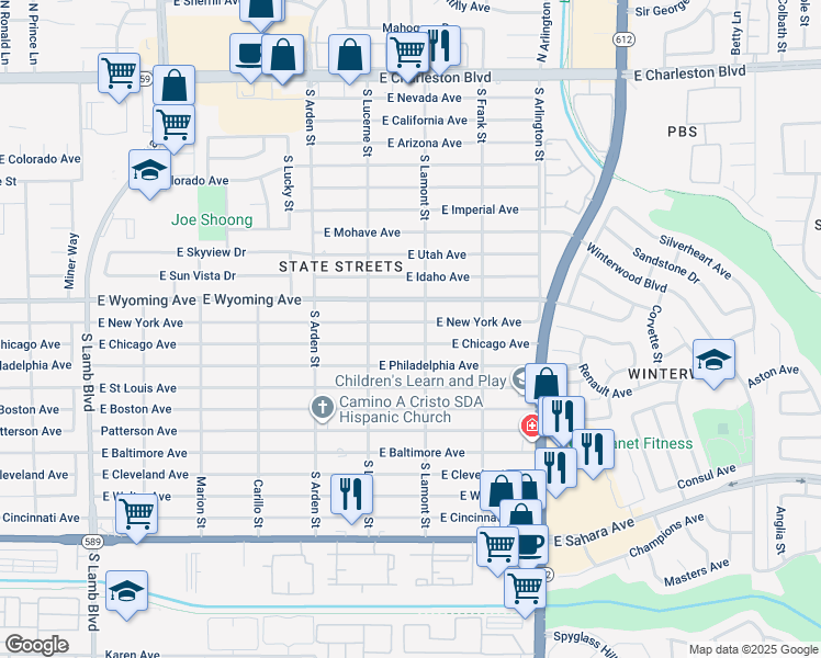 map of restaurants, bars, coffee shops, grocery stores, and more near 4760 East New York Avenue in Las Vegas