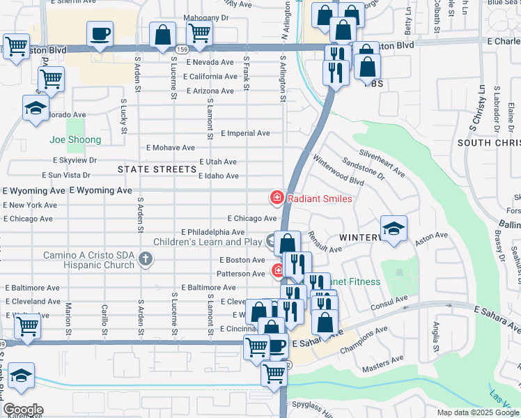 map of restaurants, bars, coffee shops, grocery stores, and more near 4945 East New York Avenue in Las Vegas