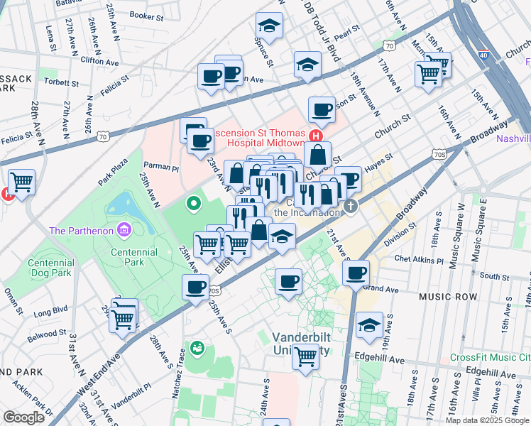 map of restaurants, bars, coffee shops, grocery stores, and more near 207 Louise Avenue in Nashville
