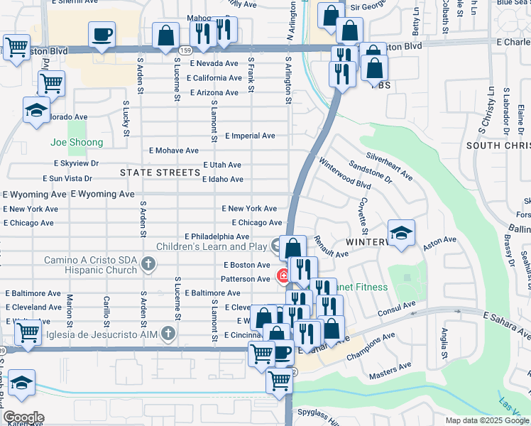 map of restaurants, bars, coffee shops, grocery stores, and more near 4945 East New York Avenue in Las Vegas
