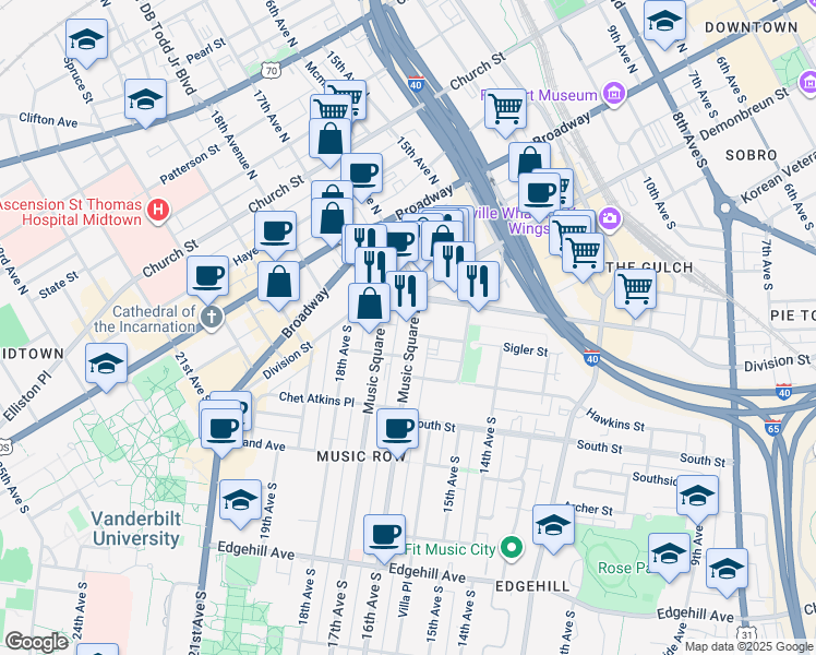 map of restaurants, bars, coffee shops, grocery stores, and more near 1 Music Square East in Nashville