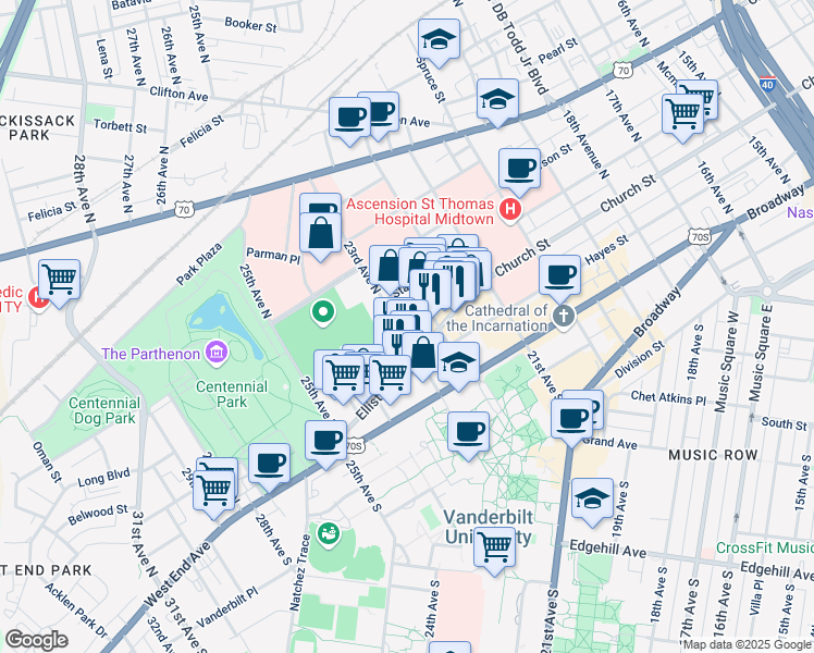 map of restaurants, bars, coffee shops, grocery stores, and more near 208B 23rd Avenue North in Nashville